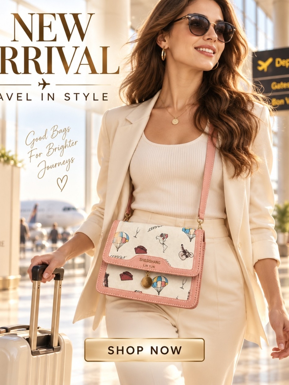 SHASHI Cream Canvas Crossbody with Pink Trim and Hot Air Balloon Print